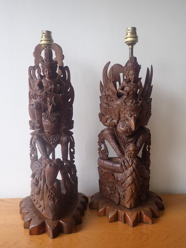 Pair carved wood lamps - pair,